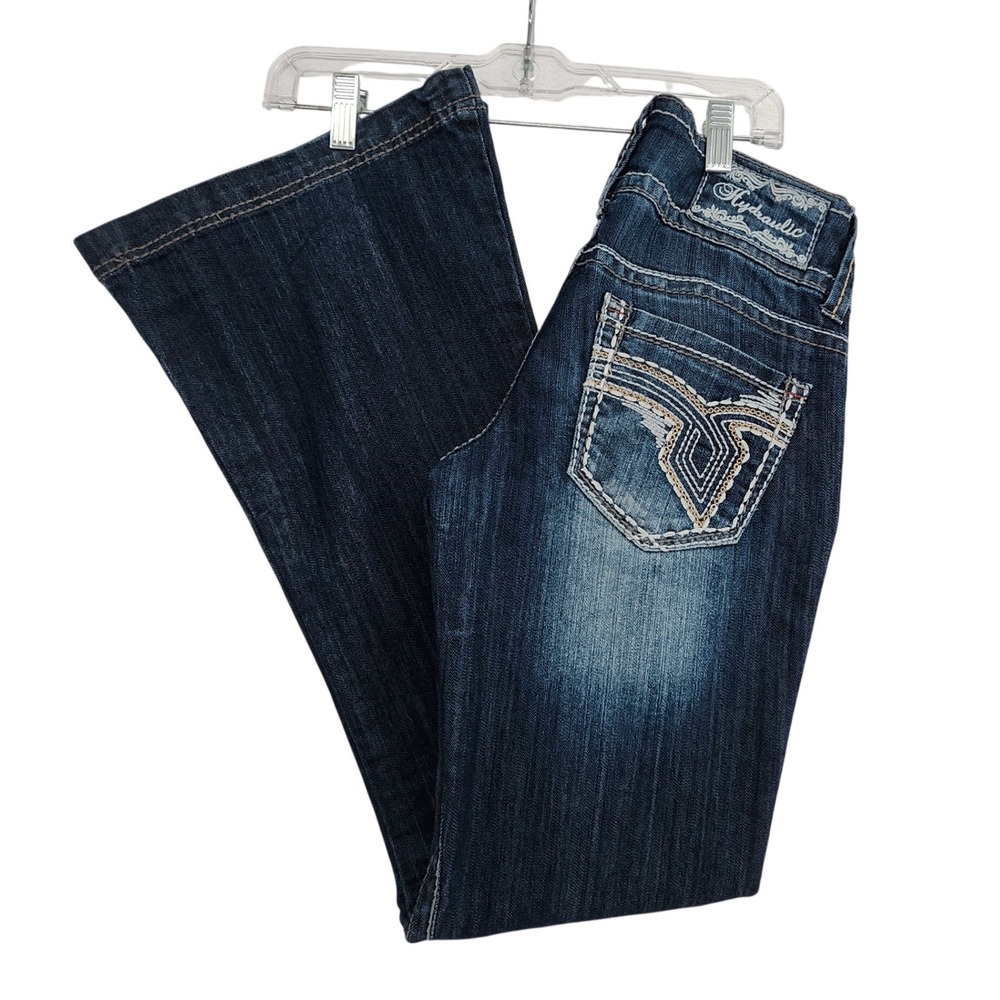 Hydraulic 7/8 Blue Metro Super Flare Jeans Y2K Embroidered Contrast Stitch Boho